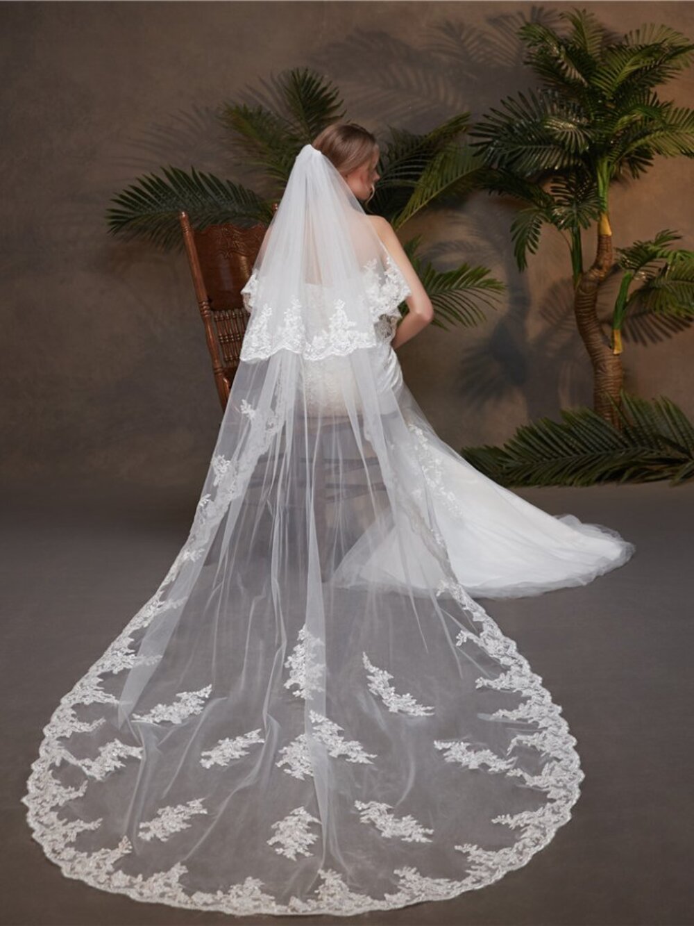 Cathedral Bridal Veil 2 Tier Floral Lace Appliques with Blusher 3M